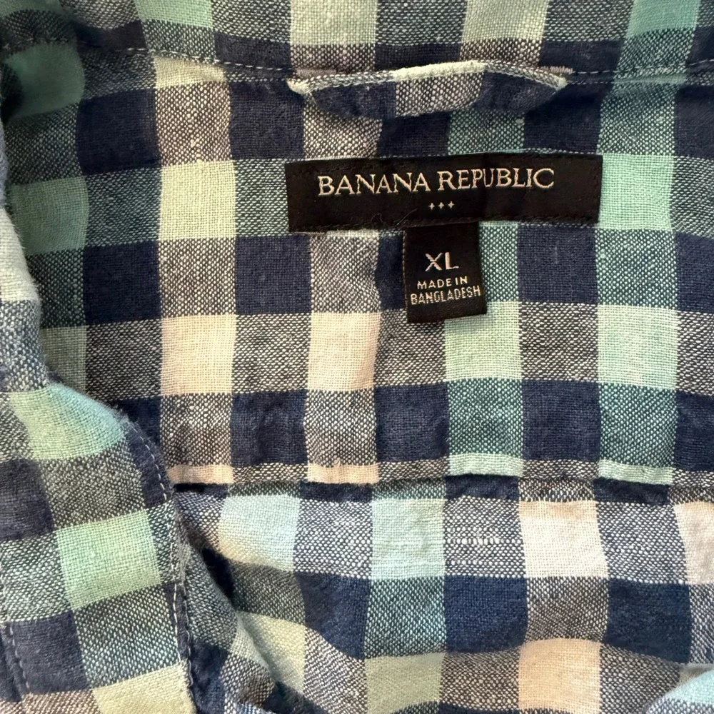 Banana Republic‎ Mens XL Blue Green Plaid Short Sleeve Button Up Shirt Linen